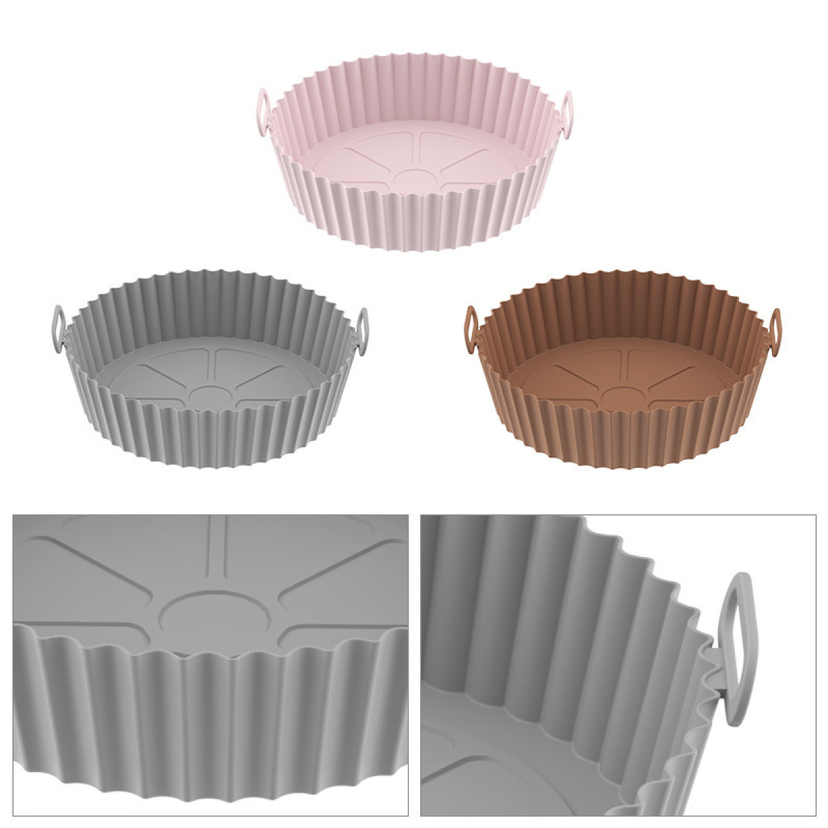 Silikonformen für die Heißluftfritteuse in Rosa, Grau und Braun. Nahaufnahmen von Details.