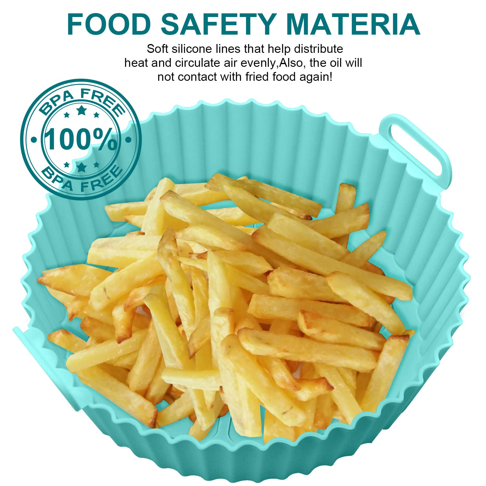 Blaue Silikonschale mit Pommes Frites. BPA-freies Logo. Weißer Hintergrund.