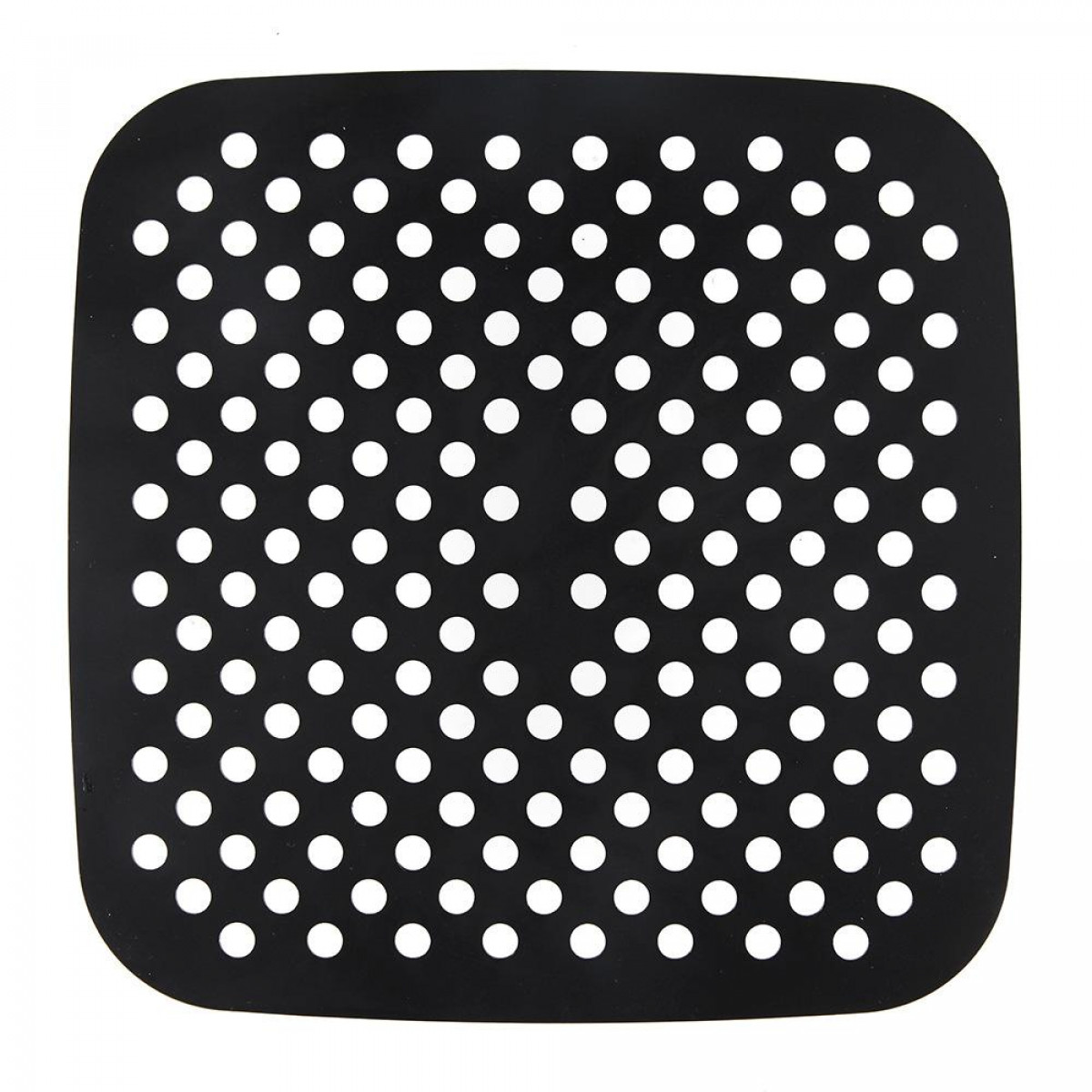 Schwarzes quadratisches Airfryer-Zubehör mit vielen kleinen Löchern. Es liegt auf einer weißen Oberfläche.
