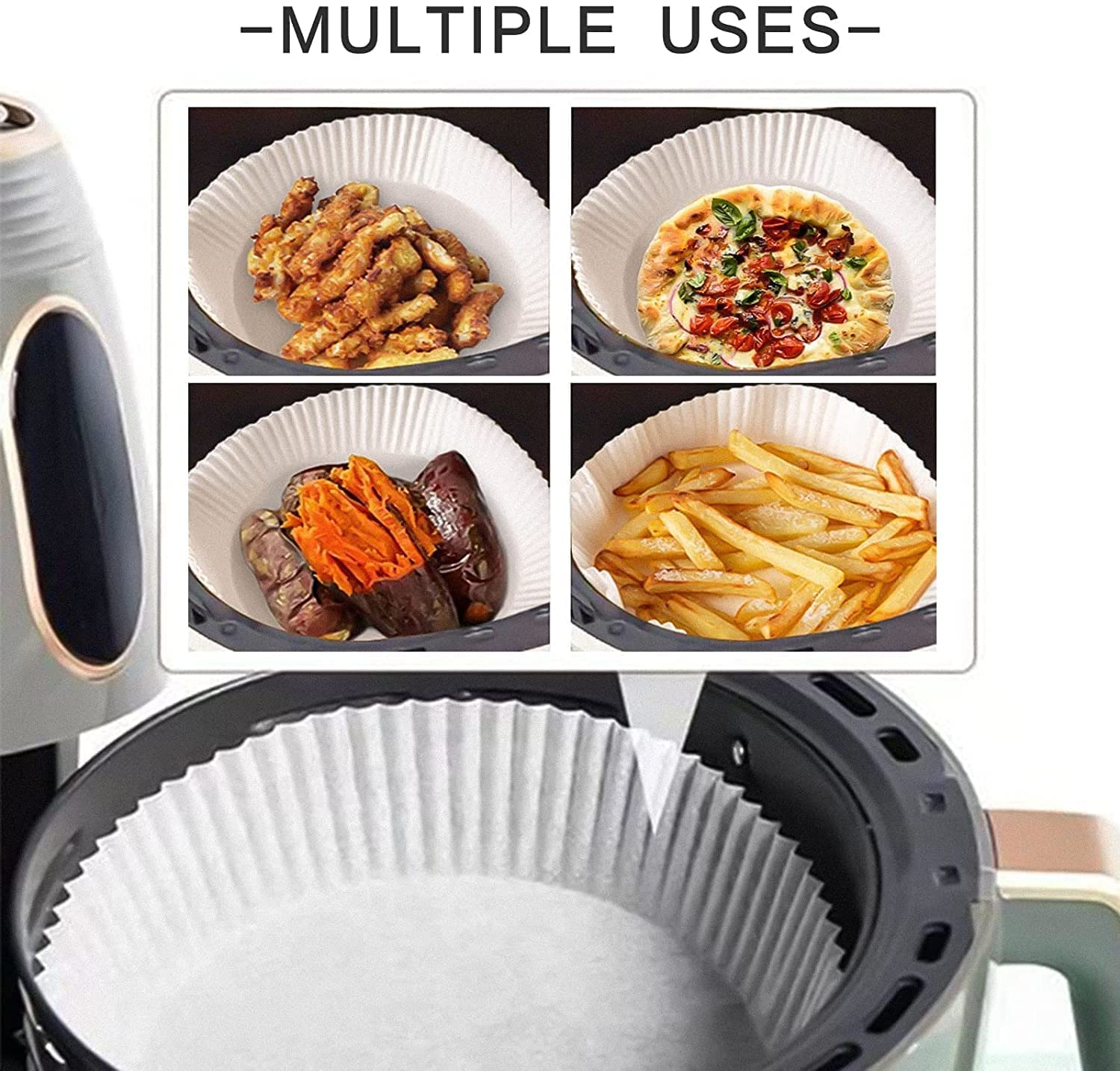 Papierauskleidungen für die Heißluftfritteuse mit Essen. Verschiedene Speisen sind im Papier.