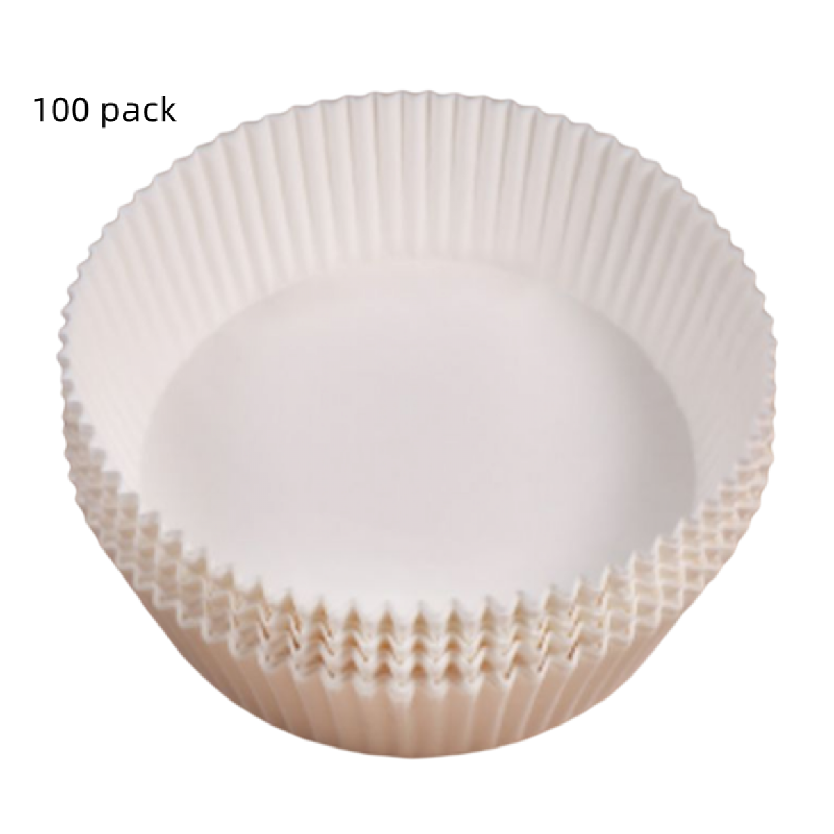 Stack of white cupcake liners on a white background.