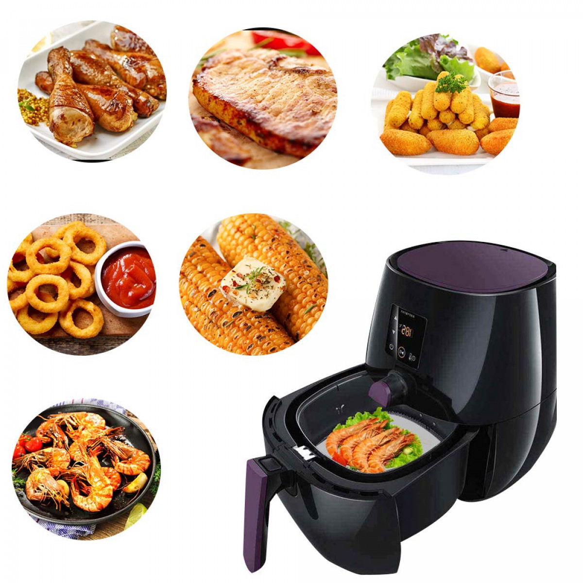 Eine Heißluftfritteuse und verschiedene gegarte Speisen: Hähnchen, Steak, Garnelen, Mais und mehr.