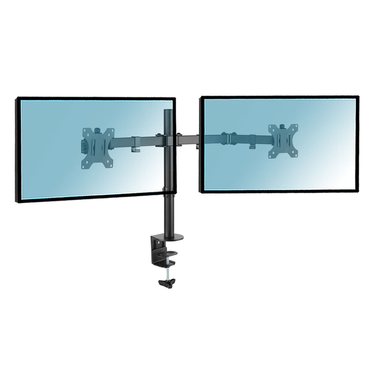 Een dubbele monitorbevestiging met twee schermen, gemonteerd op een witte achtergrond.