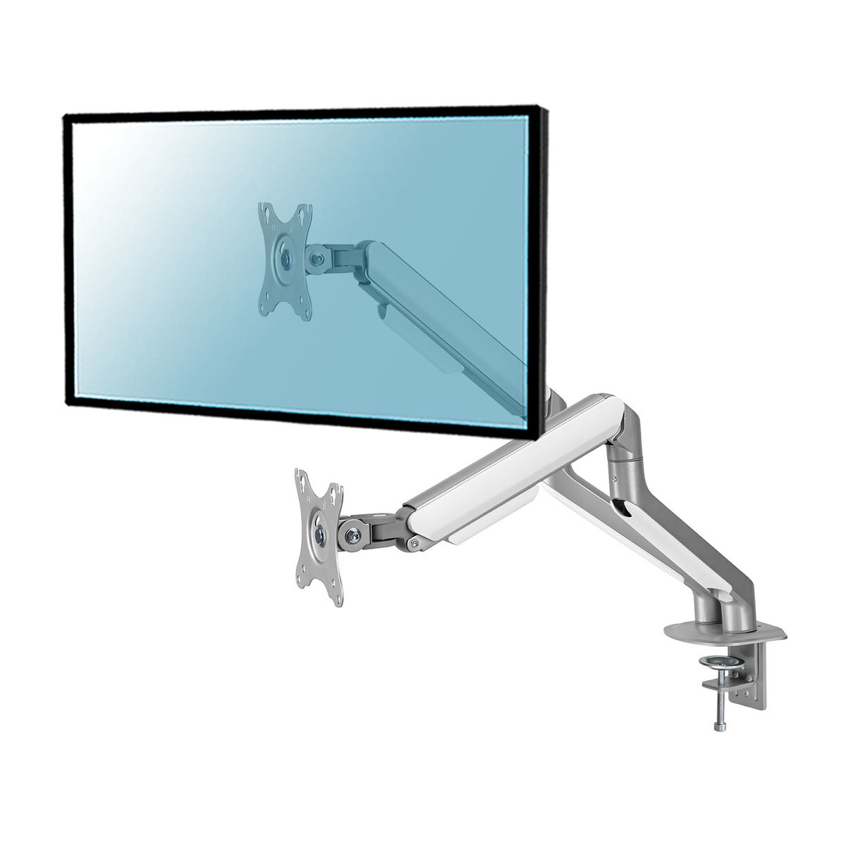 Monitorscherm gemonteerd op een zilveren, verstelbare arm. Het scherm is blauw. Witte achtergrond.