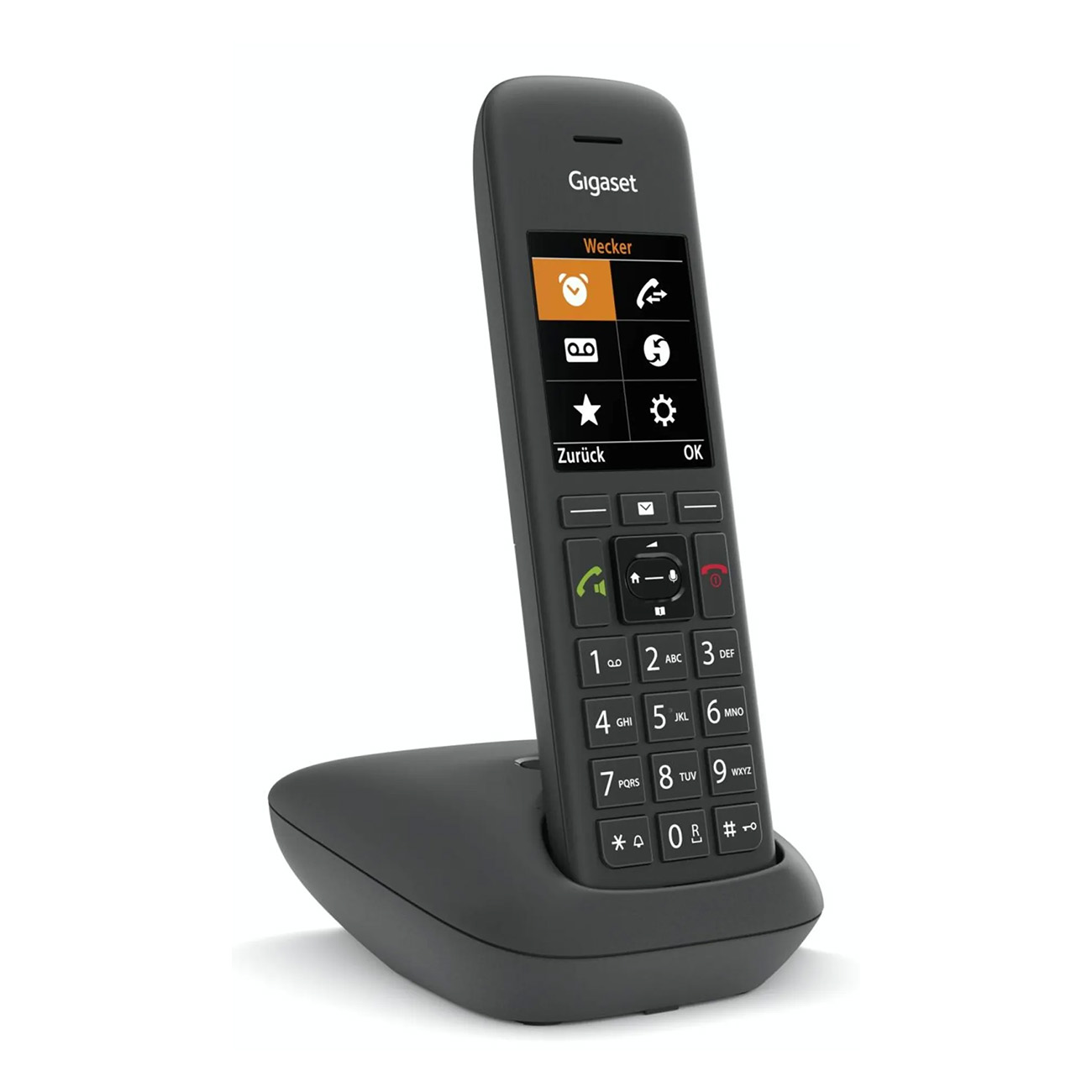 Teléfono inalámbrico Gigaset negro con base. El teléfono tiene pantalla y botones numerados.