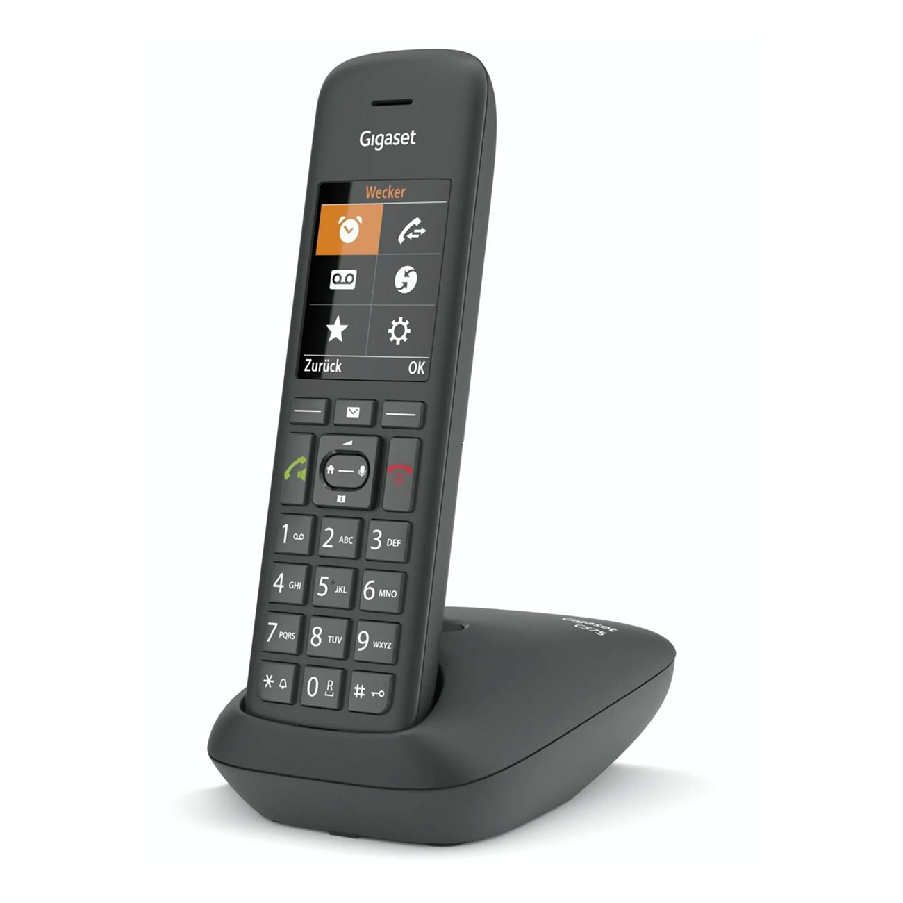 Teléfono inalámbrico negro con base. Cuenta con una pantalla y botones numéricos.