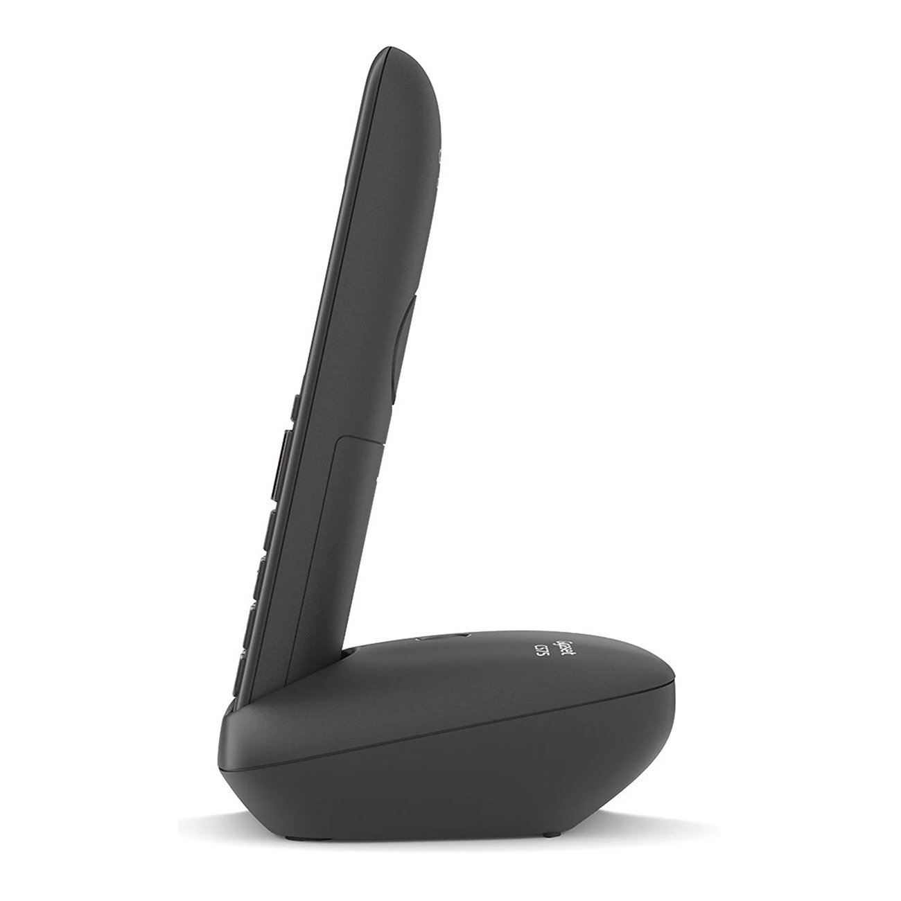 Teléfono inalámbrico negro sobre una superficie blanca, vista lateral, con botones.