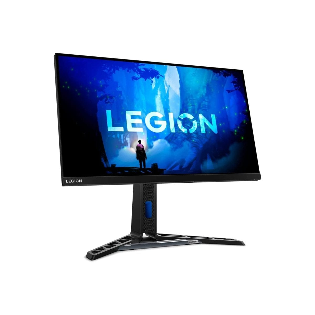 Czarny monitor Lenovo Legion. Osoba stoi na ekranie na tle niebieskiego tła.