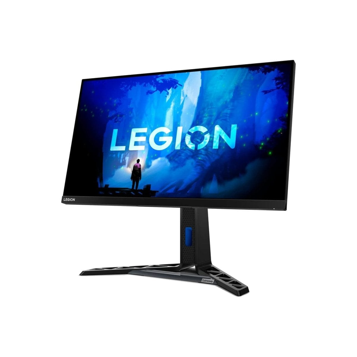 Czarny monitor Lenovo Legion wyświetlający scenę z gry, z czarną podstawą.