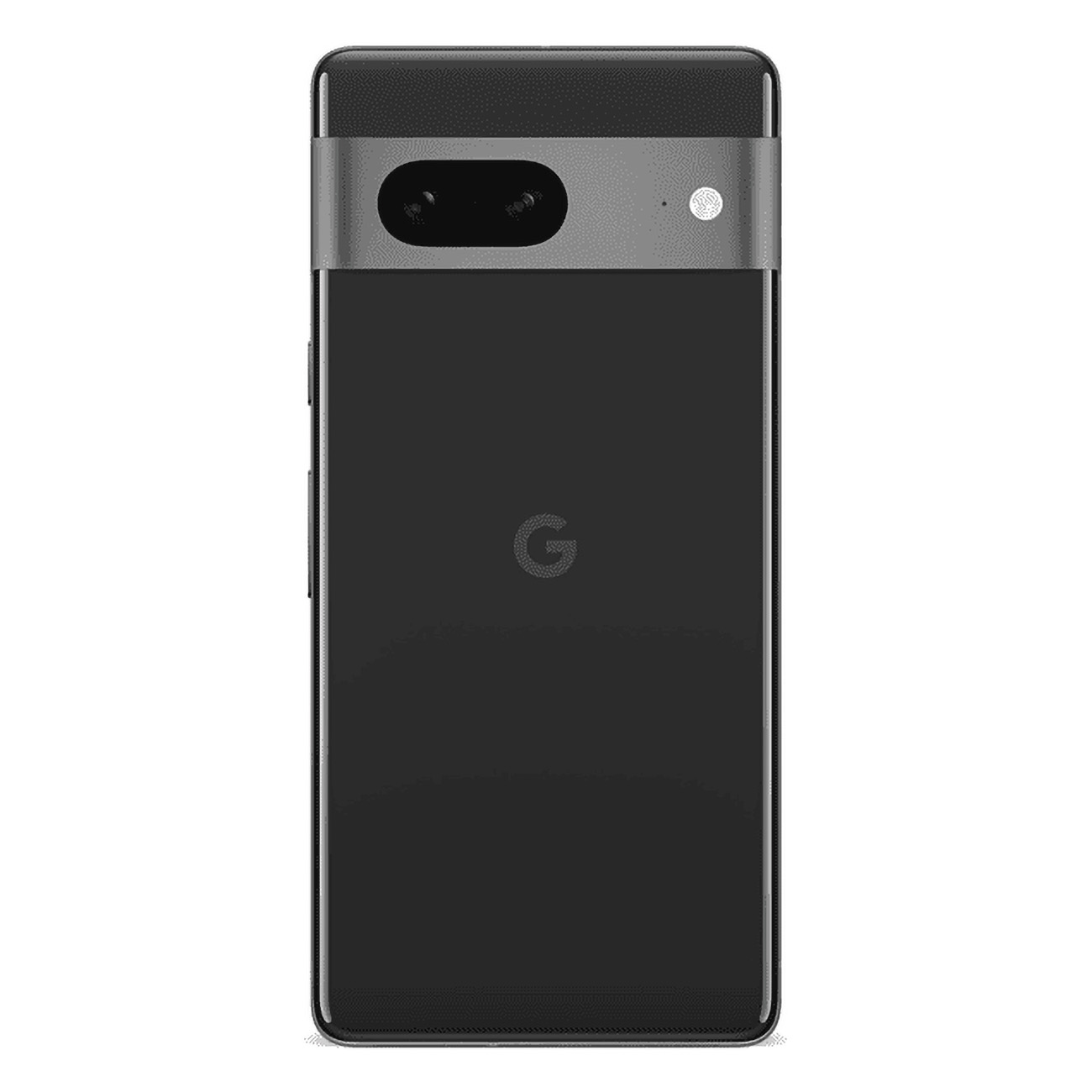 Czarny telefon Google Pixel 7 z szarym paskiem aparatu, widok z tyłu, na białym tle.