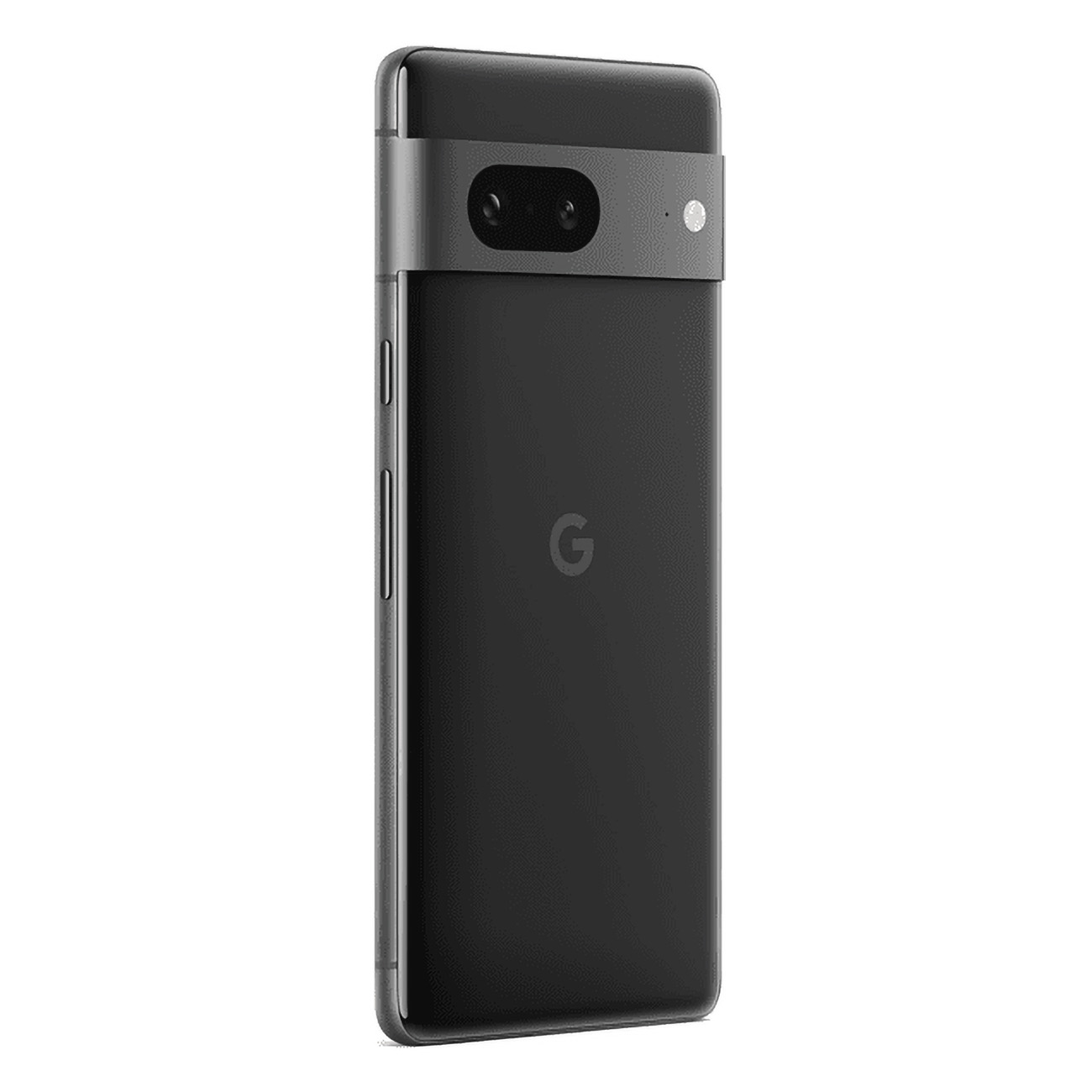 Czarny telefon Google Pixel 7. Dwie kamery z tyłu. Szary pasek kamery. Białe tło.