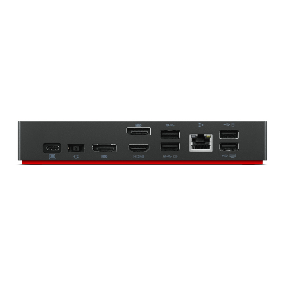 Schwarze Dockingstation mit verschiedenen Anschlüssen, darunter USB, HDMI und Ethernet.