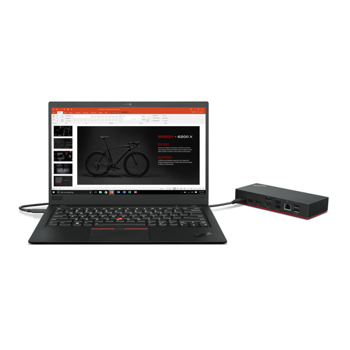 Schwarzer Laptop, Präsentation auf dem Bildschirm, schwarzer Hub angeschlossen. Weißer Hintergrund.