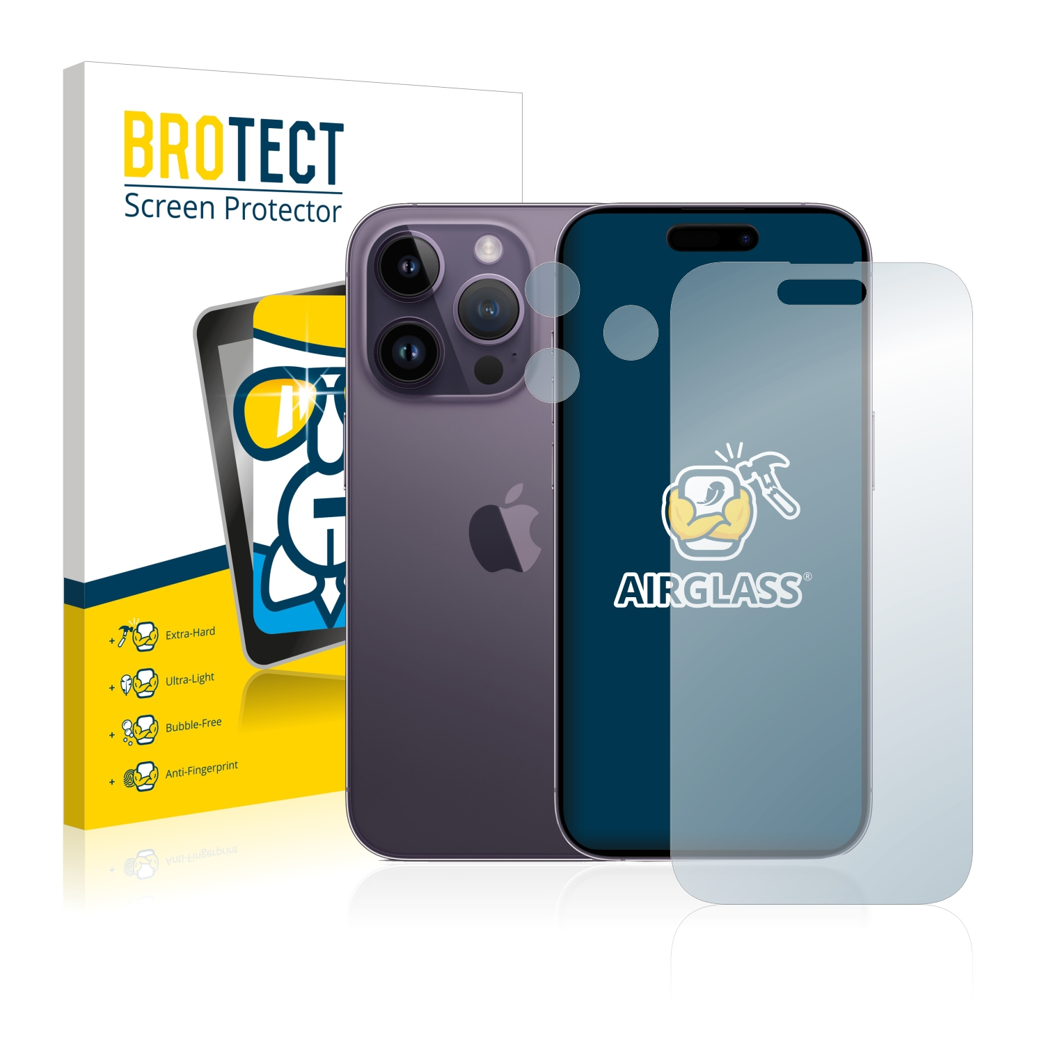 Ein Telefon mit Displayschutzfolie neben einer Box, beide mit Markennamen und Produktdetails.