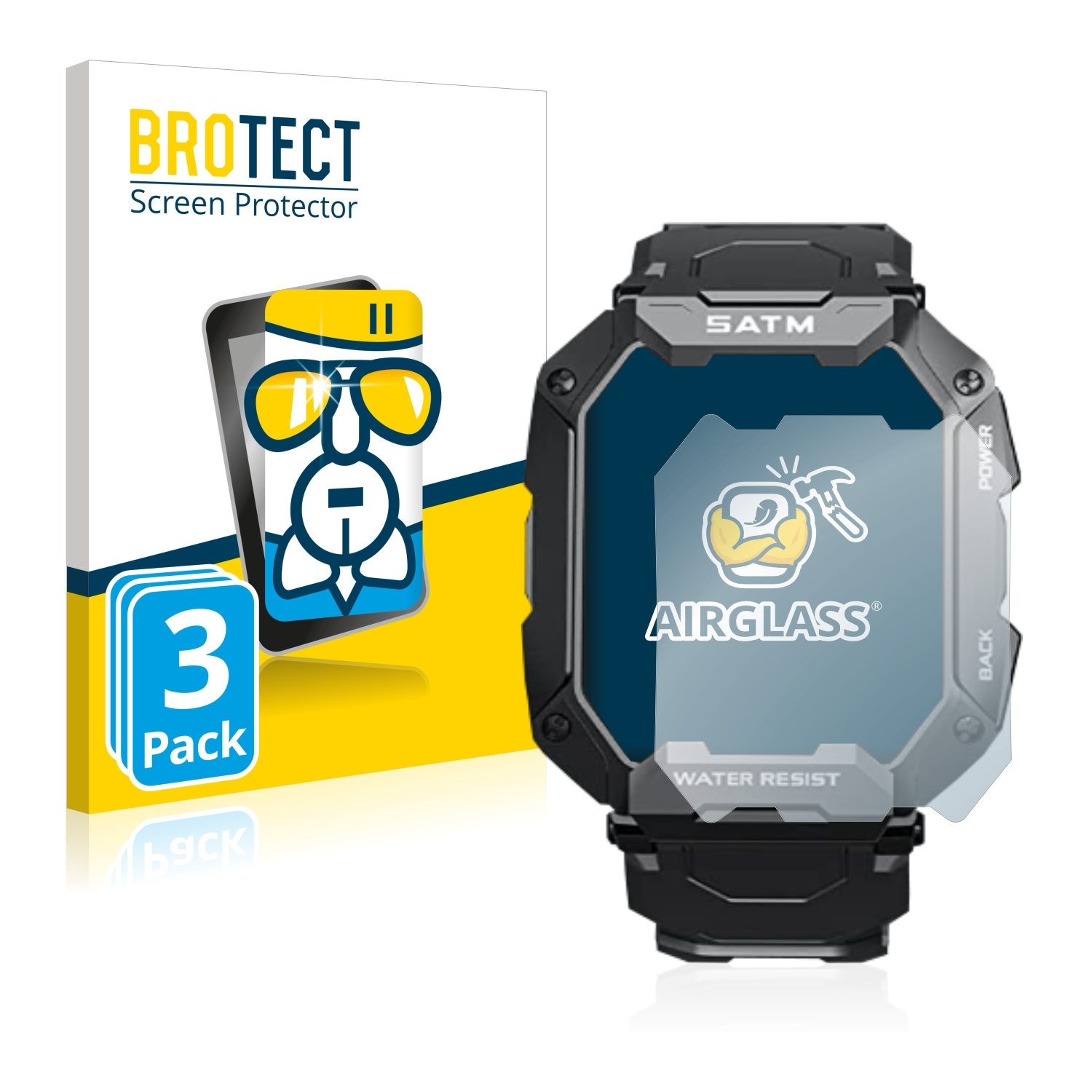 Smartwatch mit Displayschutzfolie und Verpackung. Die Verpackung hat einen Cartoon von einem Telefon und einer Sonnenbrille.