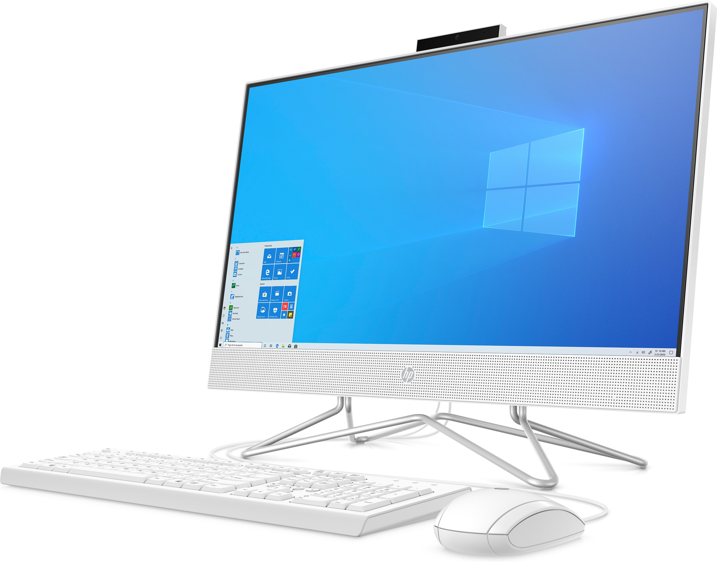 Ein weißer All-in-One-Computer mit Tastatur und Maus. Der Bildschirm zeigt eine Windows-Oberfläche.