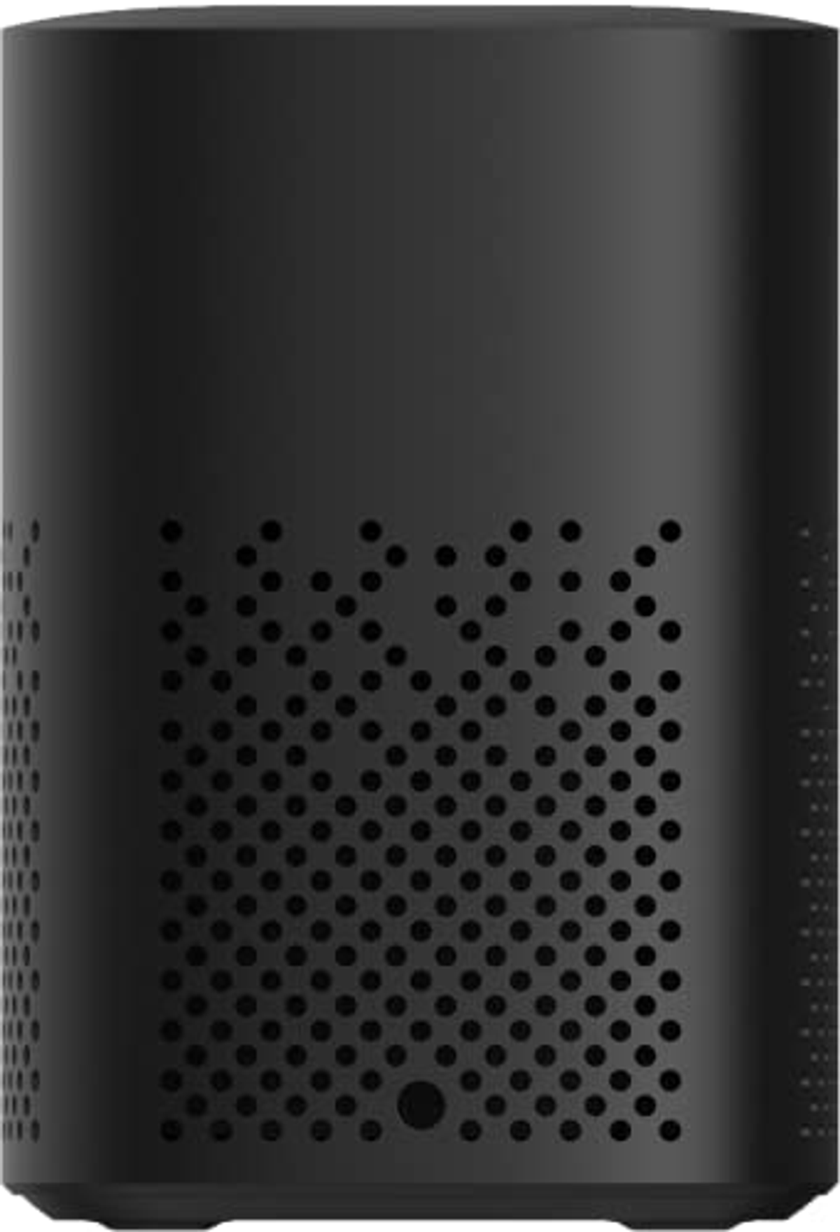 Czarny głośnik cylindryczny z wieloma małymi otworami na dźwięk i jednym przyciskiem.