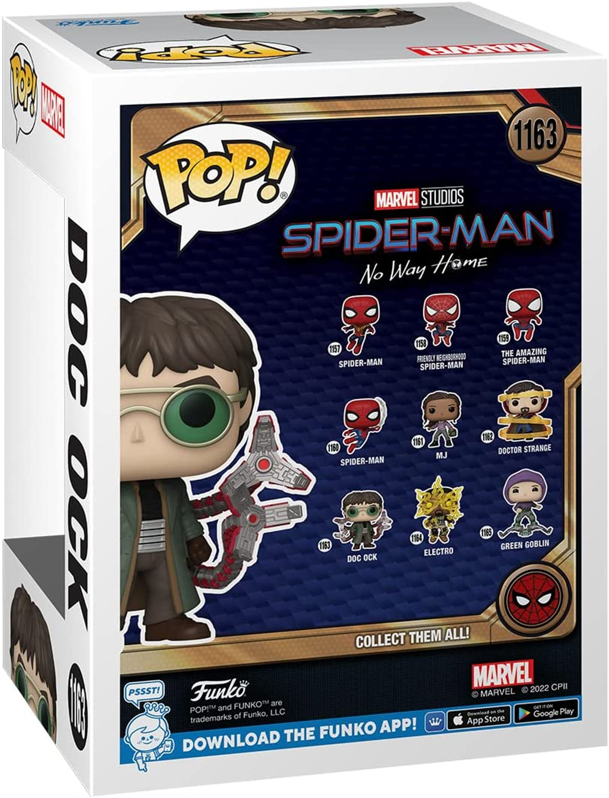 Caja Funko Pop con figura de Doc Ock. La caja es blanca con Doc Ock en la parte delantera y trasera.