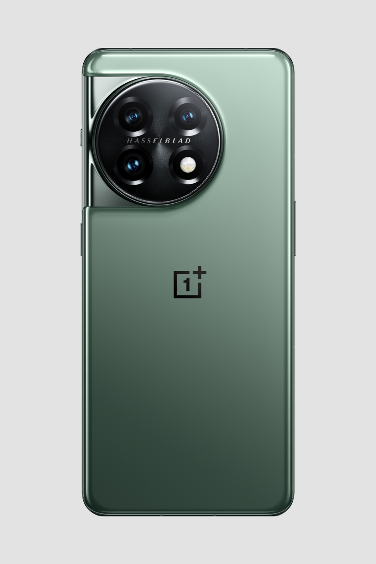 Rückseite eines grünen Smartphones mit Kameralinsen und Logo, vor hellem Hintergrund.