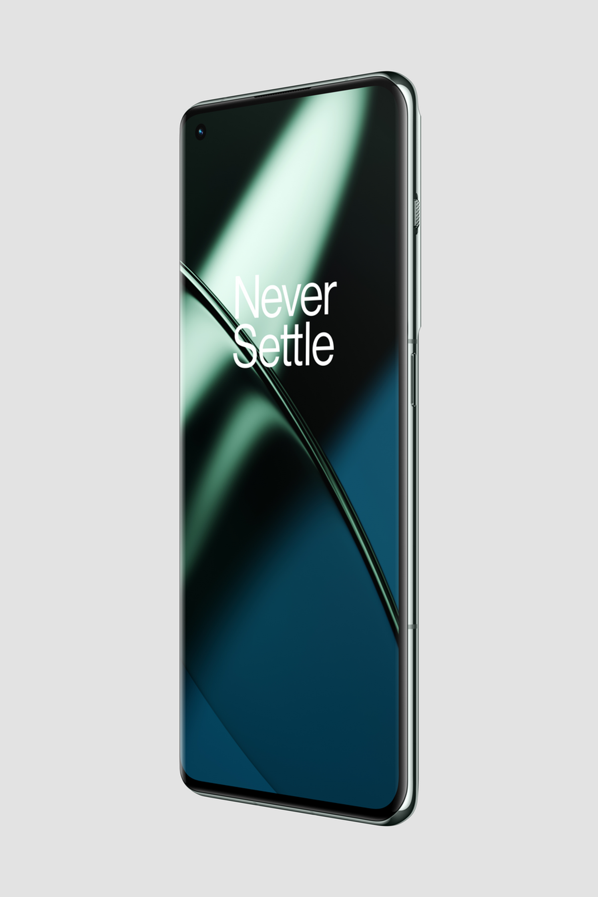 Smartphone mit schwarzem Bildschirm, der ein teal-grünes Design zeigt. Es hat einen schwarzen Rahmen und einen silberfarbenen Rand.