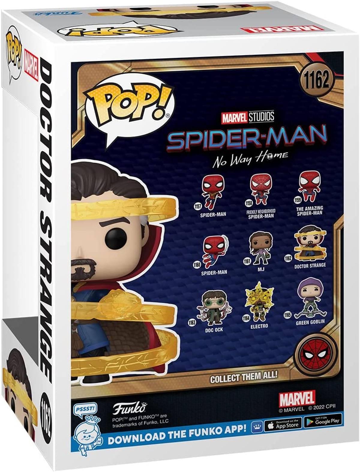 Caja de la figura Funko Pop! de Doctor Strange, con logotipos de personajes y Marvel.