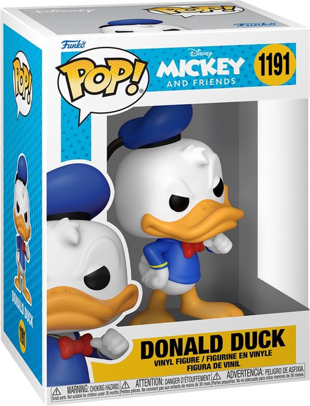 Pudełko Funko Pop z figurką Kaczora Donalda, obecne kolory biały, niebieski i żółty.