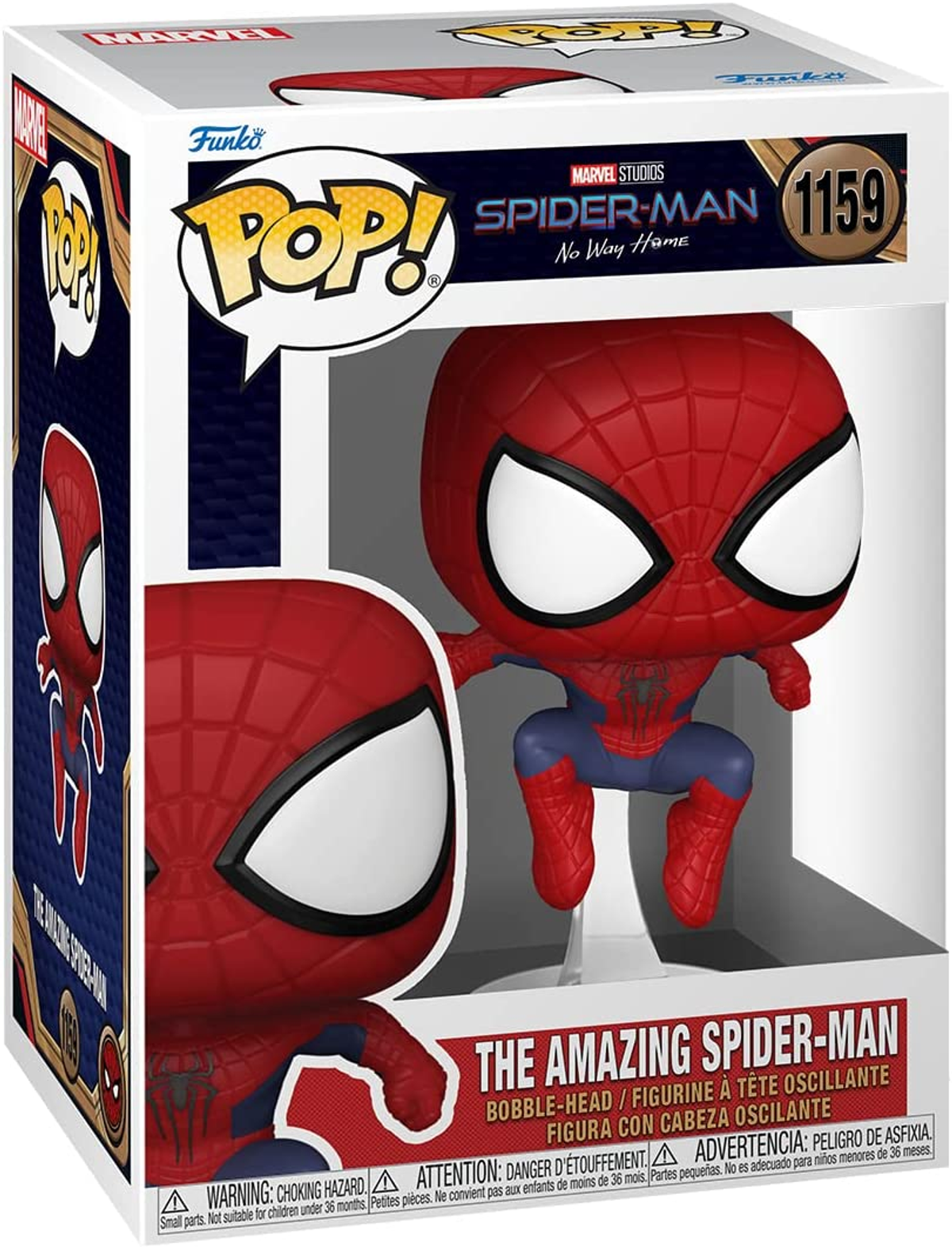 Figura Funko Pop de Spider-Man en una caja. La caja presenta imágenes y texto de Spider-Man.
