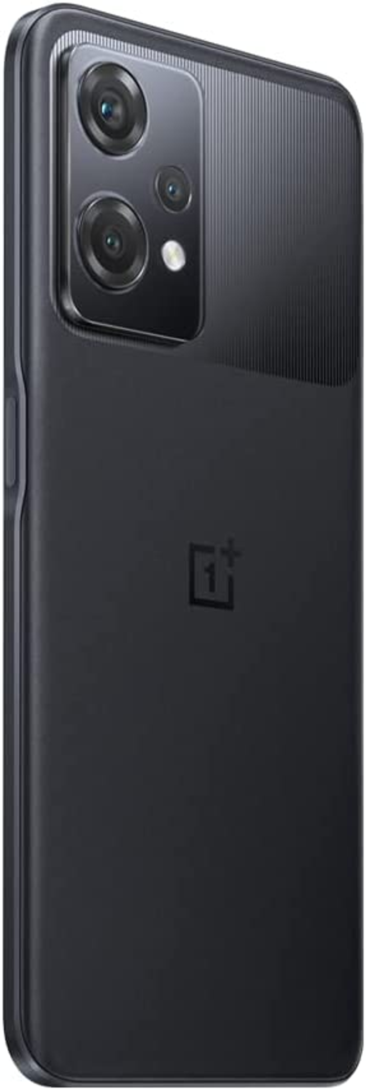 Vista posteriore dello smartphone nero. Ha due fotocamere, un flash e un pannello posteriore strutturato con il logo OnePlus.