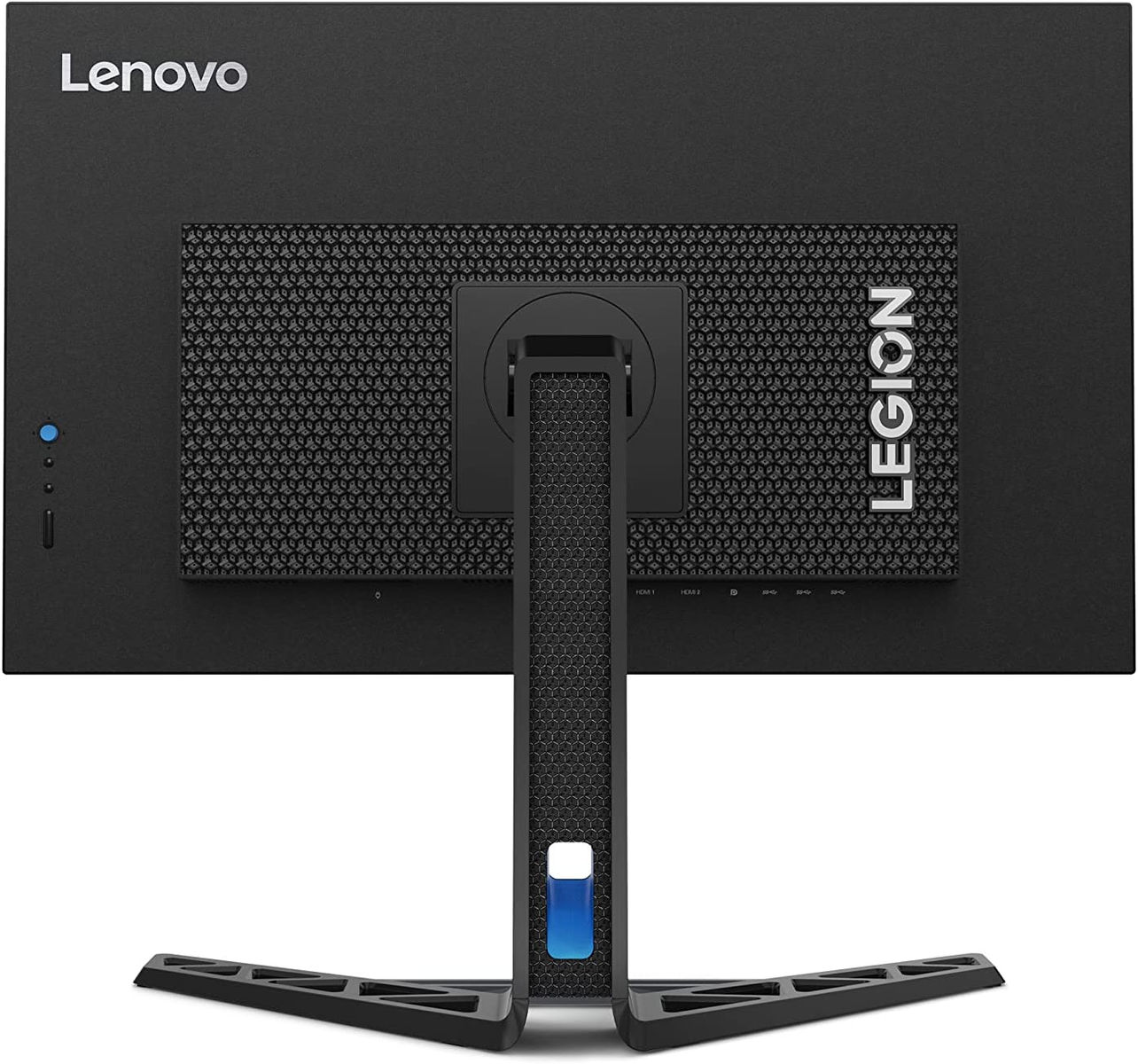 Tył monitora Lenovo Legion z czarnym, teksturowanym wzorem i podstawą.