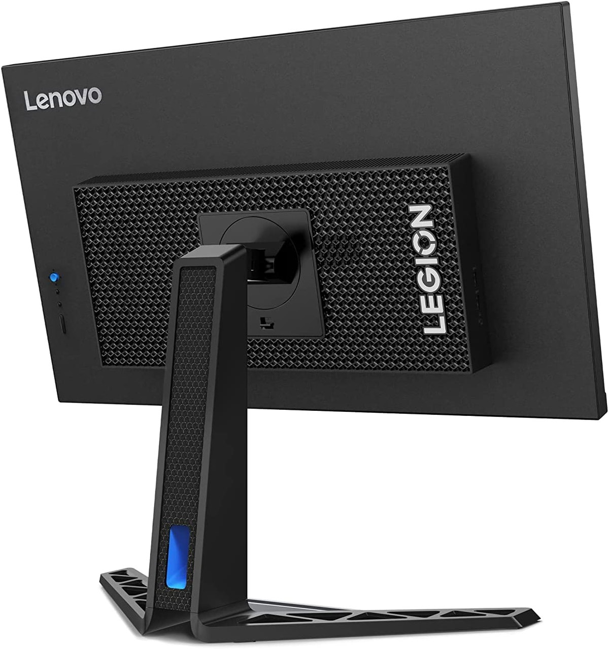 Widok z tyłu czarnego monitora Lenovo Legion ze stojakiem i niebieskim światłem.