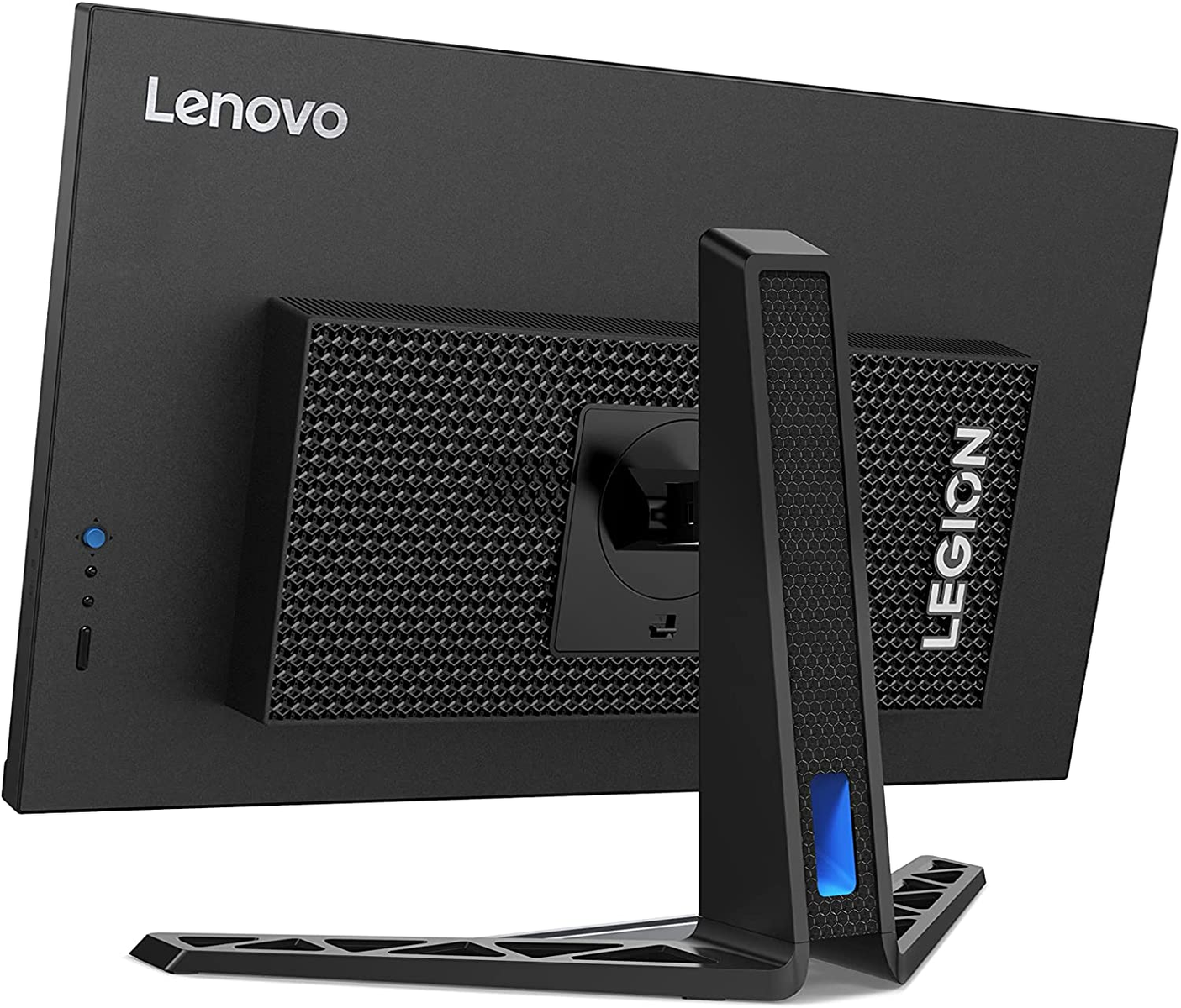 Czarny monitor Lenovo Legion ma teksturowany tył, podstawkę i logo marki.