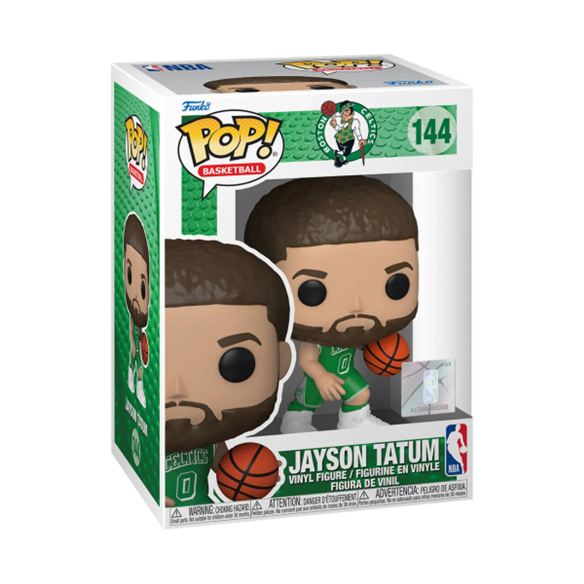Box einer Jayson Tatum NBA Pop! Vinyl-Figur. Die Figur zeigt Tatum in einem Celtics-Trikot.