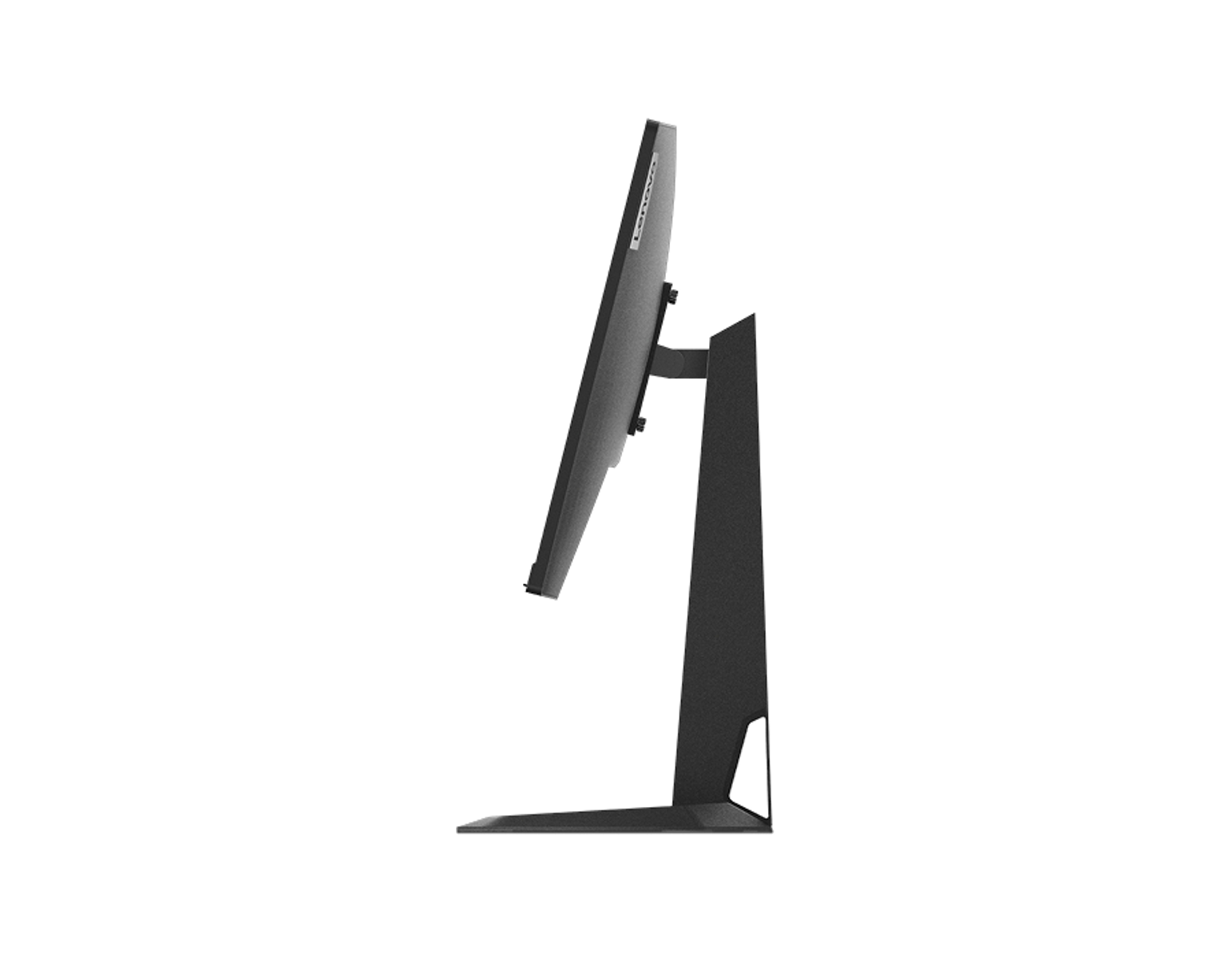 Seitenansicht eines schwarzen Computermonitors auf einem schwarzen Ständer. Der Bildschirm ist leicht geneigt.