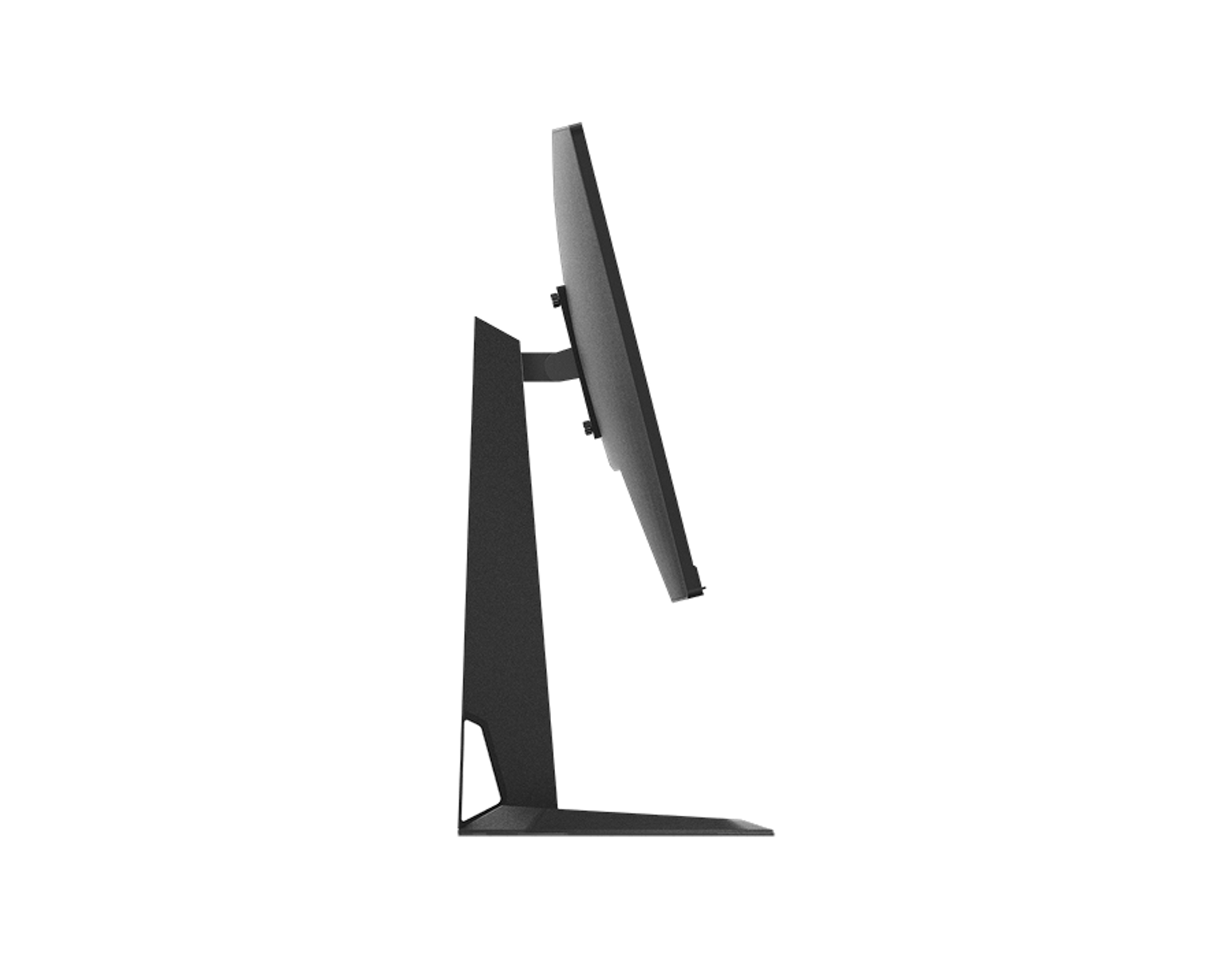Seitenansicht eines schwarzen Monitors. Der Monitor steht auf einem Ständer, mit einem dünnen Rahmen und einem geneigten Bildschirm.