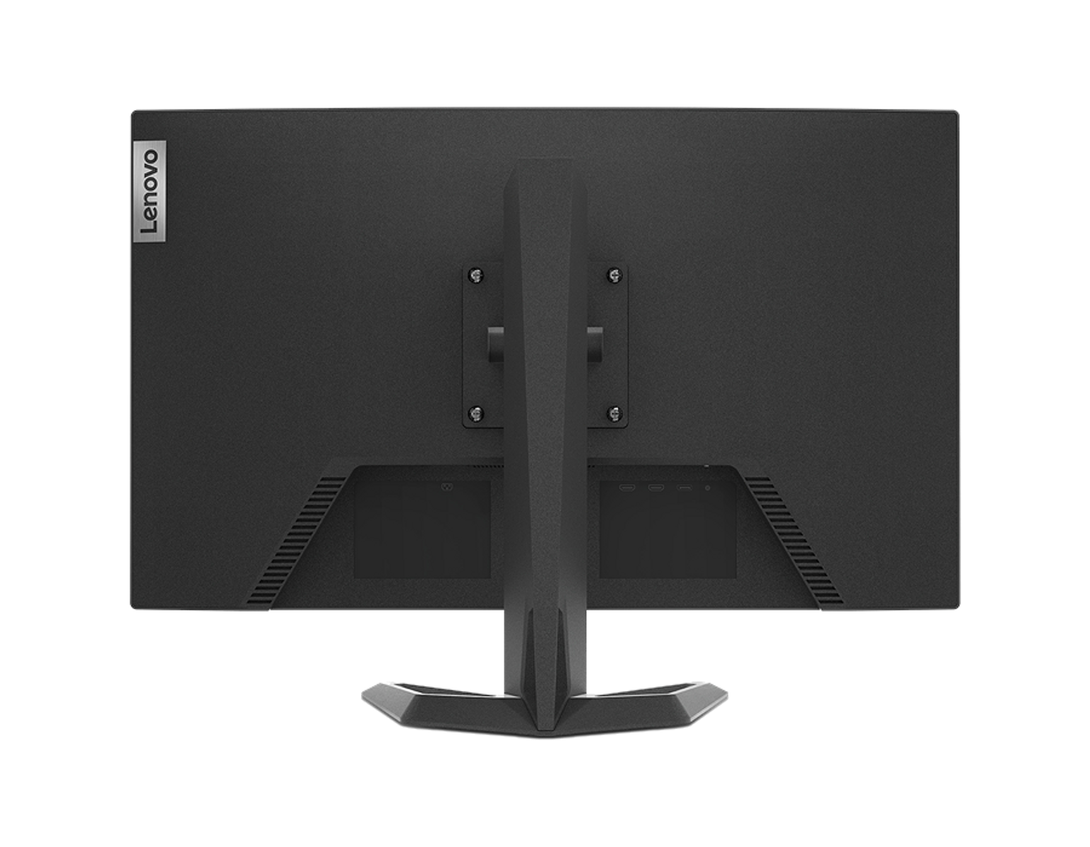 Schwarzer Lenovo-Monitor, Rückansicht, mit Ständer, Anschlüssen und Lenovo-Logo auf schwarzem Hintergrund.