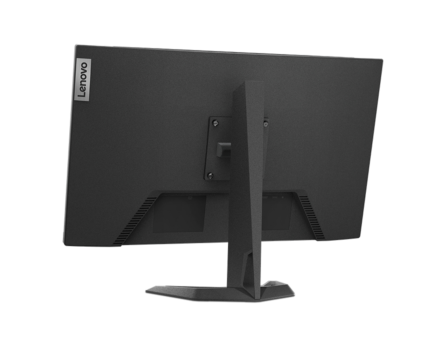 Rückseite eines schwarzen Lenovo-Monitors. VESA-Halterung. Weißer Hintergrund.
