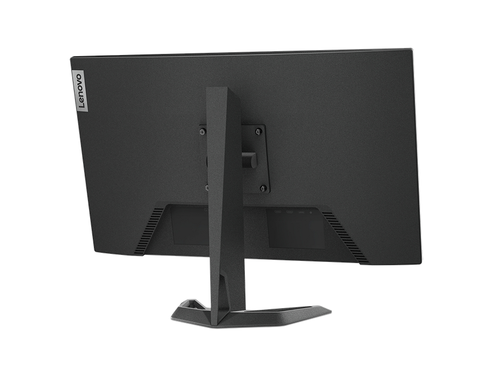 Rückseite eines schwarzen Lenovo-Monitors mit Ständer.