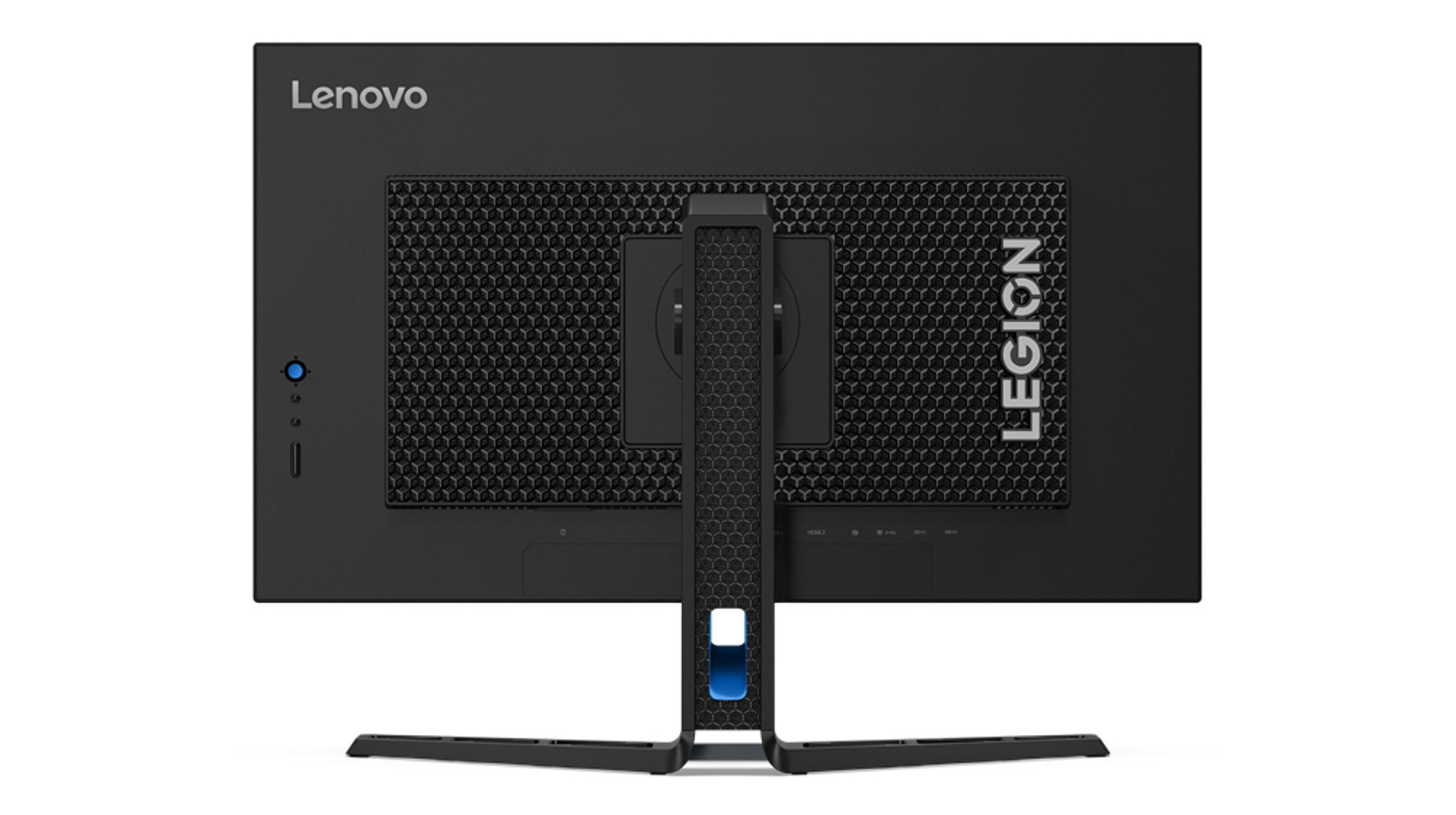Tył czarnego monitora Lenovo Legion z wzorem plastra miodu i logo Legion, białe tło.