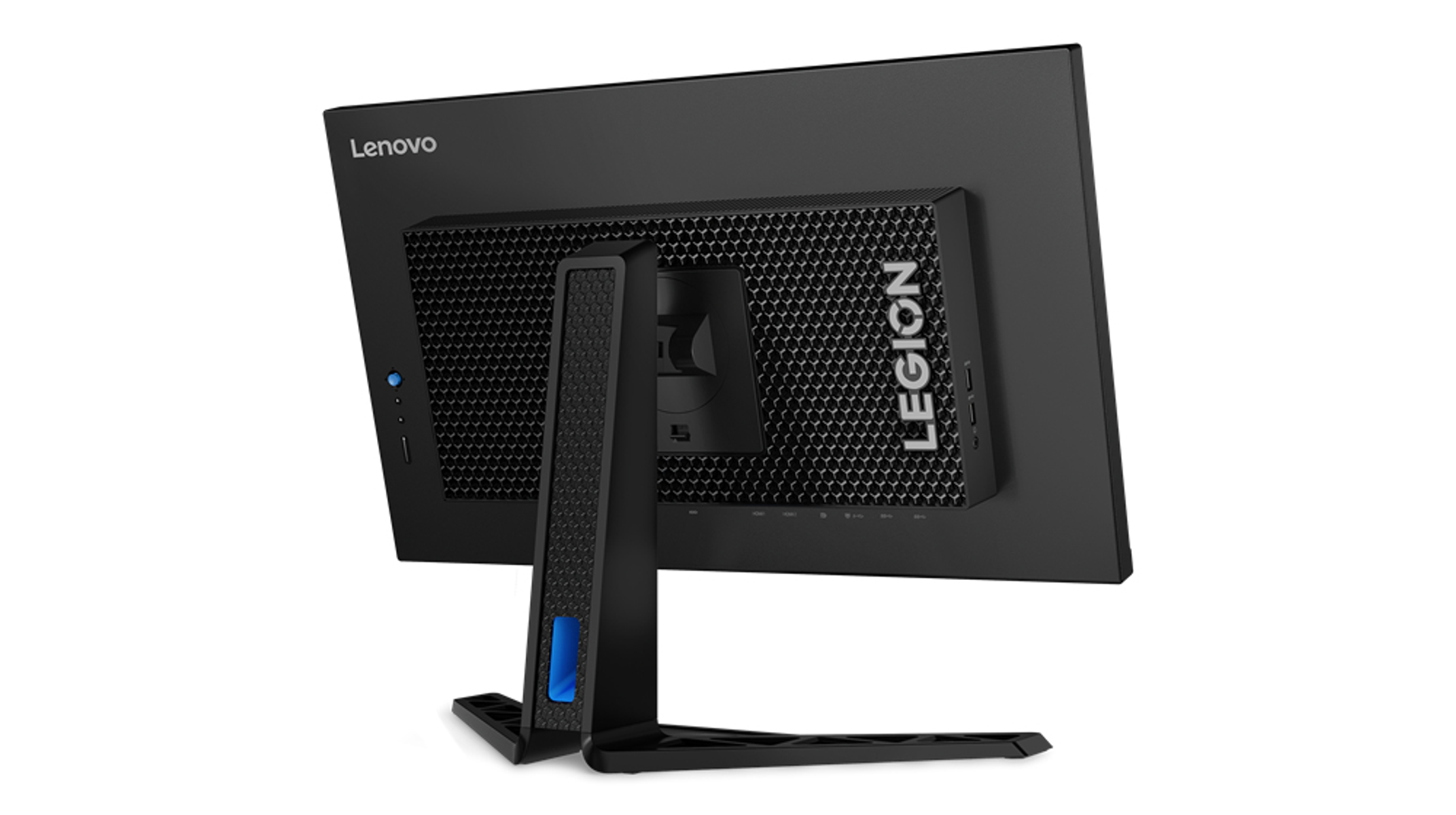 Widok z tyłu czarnego monitora Lenovo Legion z podstawką.
