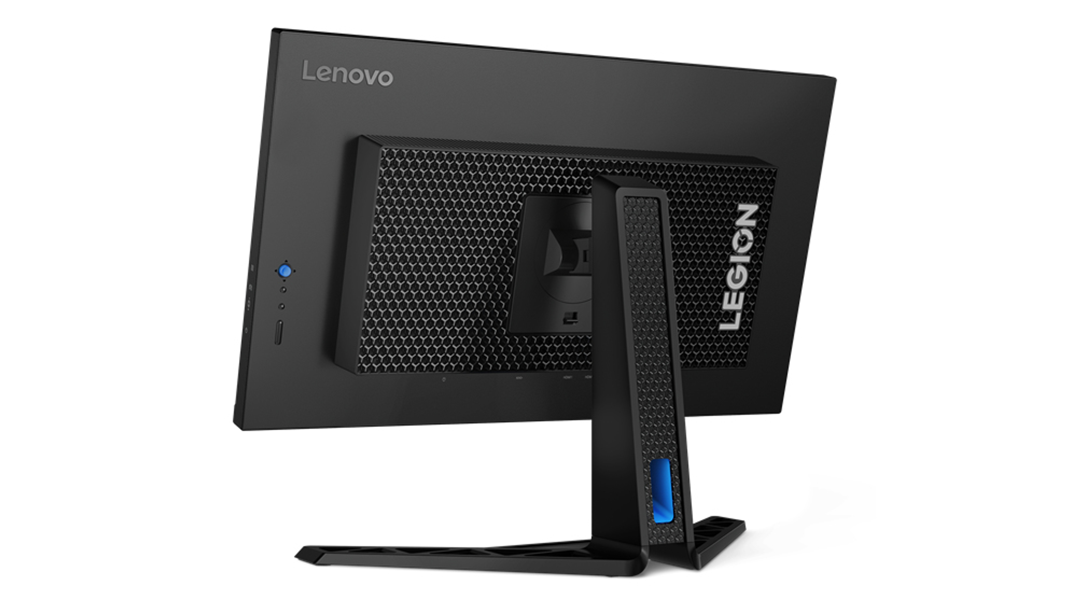 Wyświetlany jest czarny monitor Lenovo Legion z teksturowanym tyłem, podstawką i logo marki.