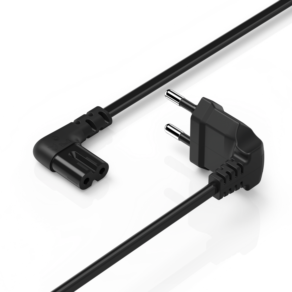 Czarny kabel zasilający z kątowym złączem 90 stopni i wtyczką dwupinową.