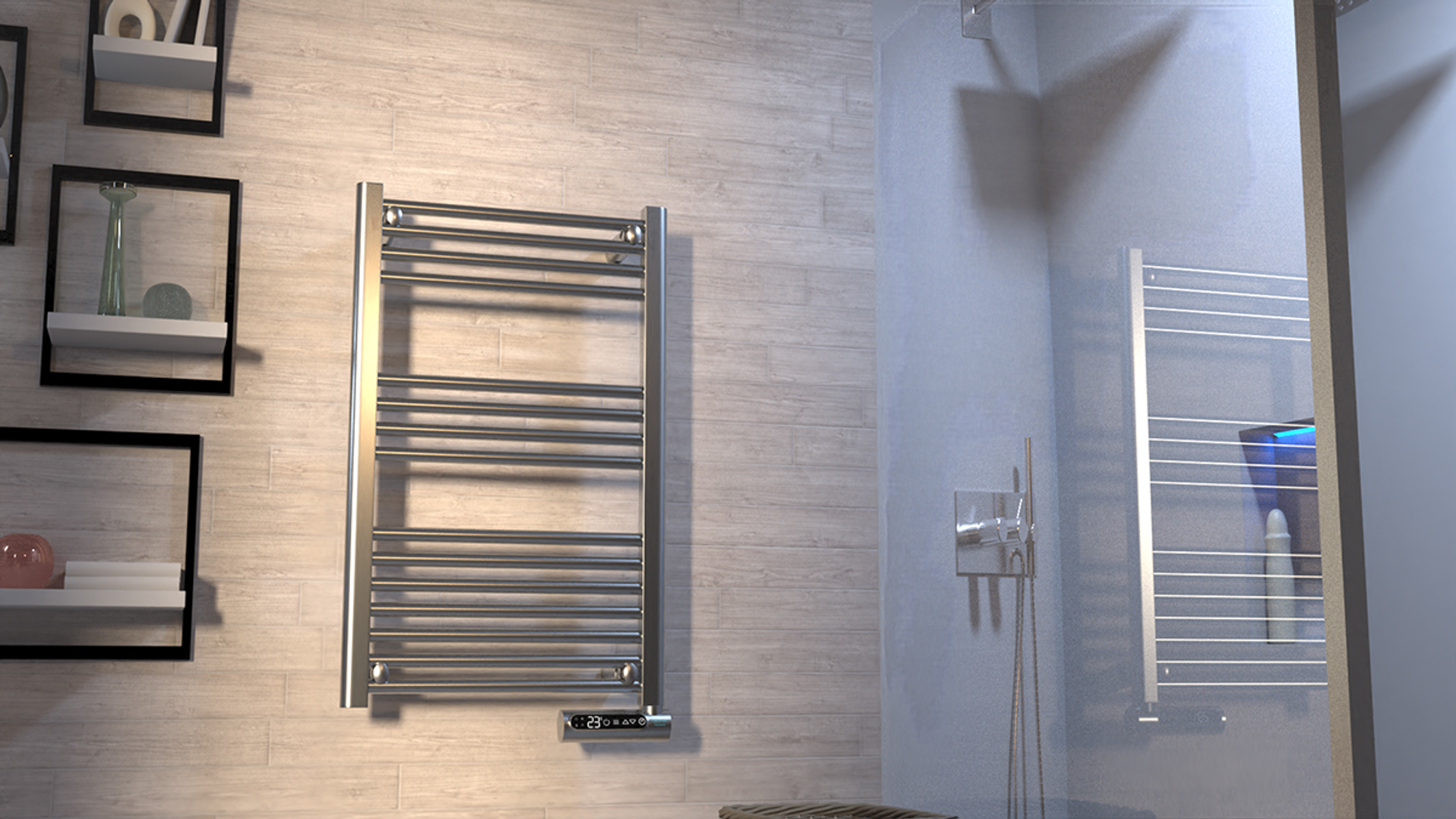 Podgrzewany wieszak na ręczniki w łazience. W tle widać prysznic.