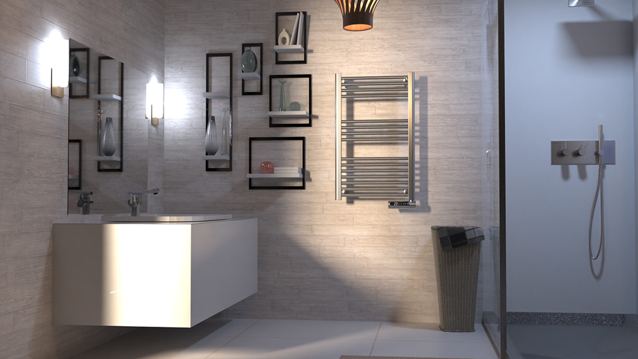 Nowoczesna łazienka z białą toaletką, lustrem i srebrnym podgrzewaczem ręczników. Ściany są jasnoszare.