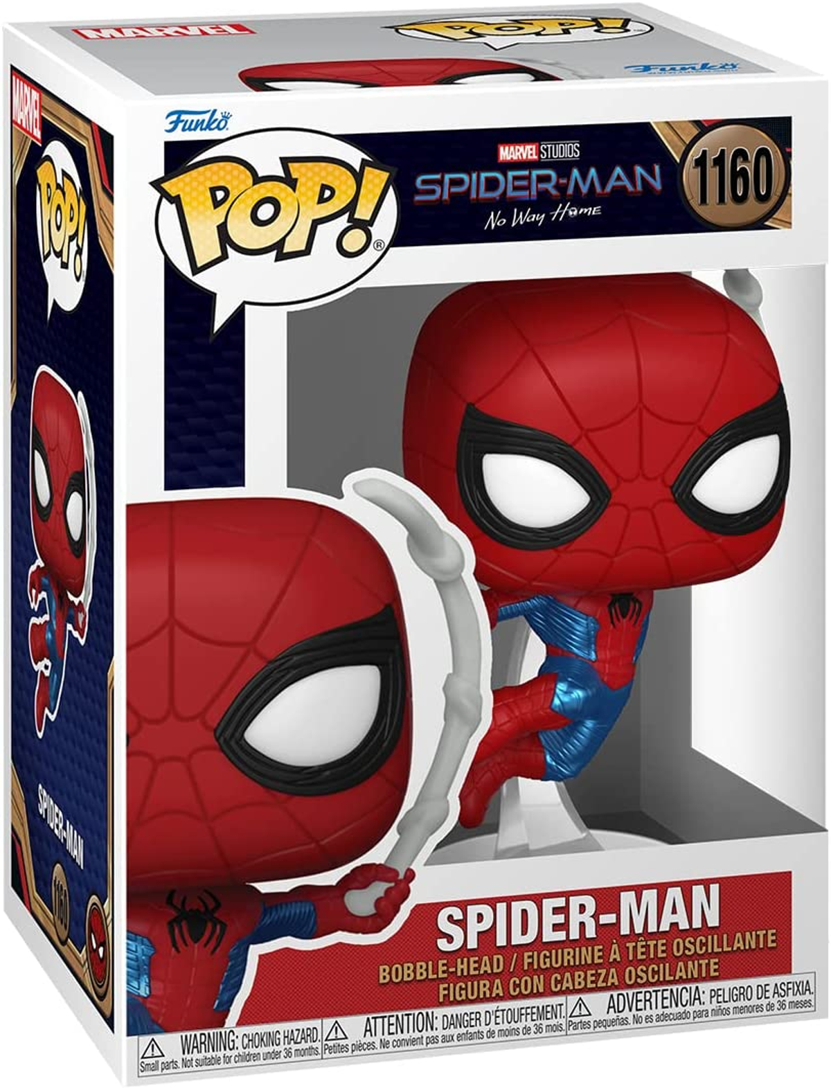 Figura de Funko Pop de Spider-Man en caja, figura con traje rojo y azul, sosteniendo una telaraña.