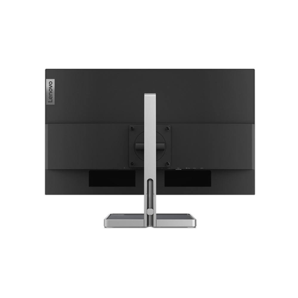 Schwarze Lenovo Monitor Rückansicht. Der Ständer ist silber. Das Lenovo Logo ist sichtbar.