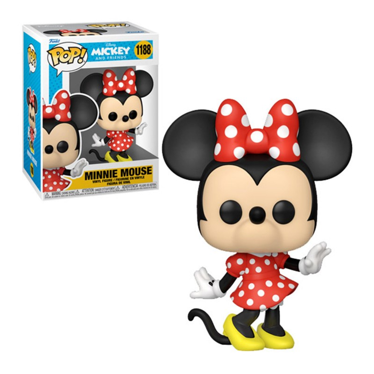 Figurka winylowa Funko Pop! Minnie Mouse w pudełku. Figurka ma czerwoną sukienkę i żółte buty.