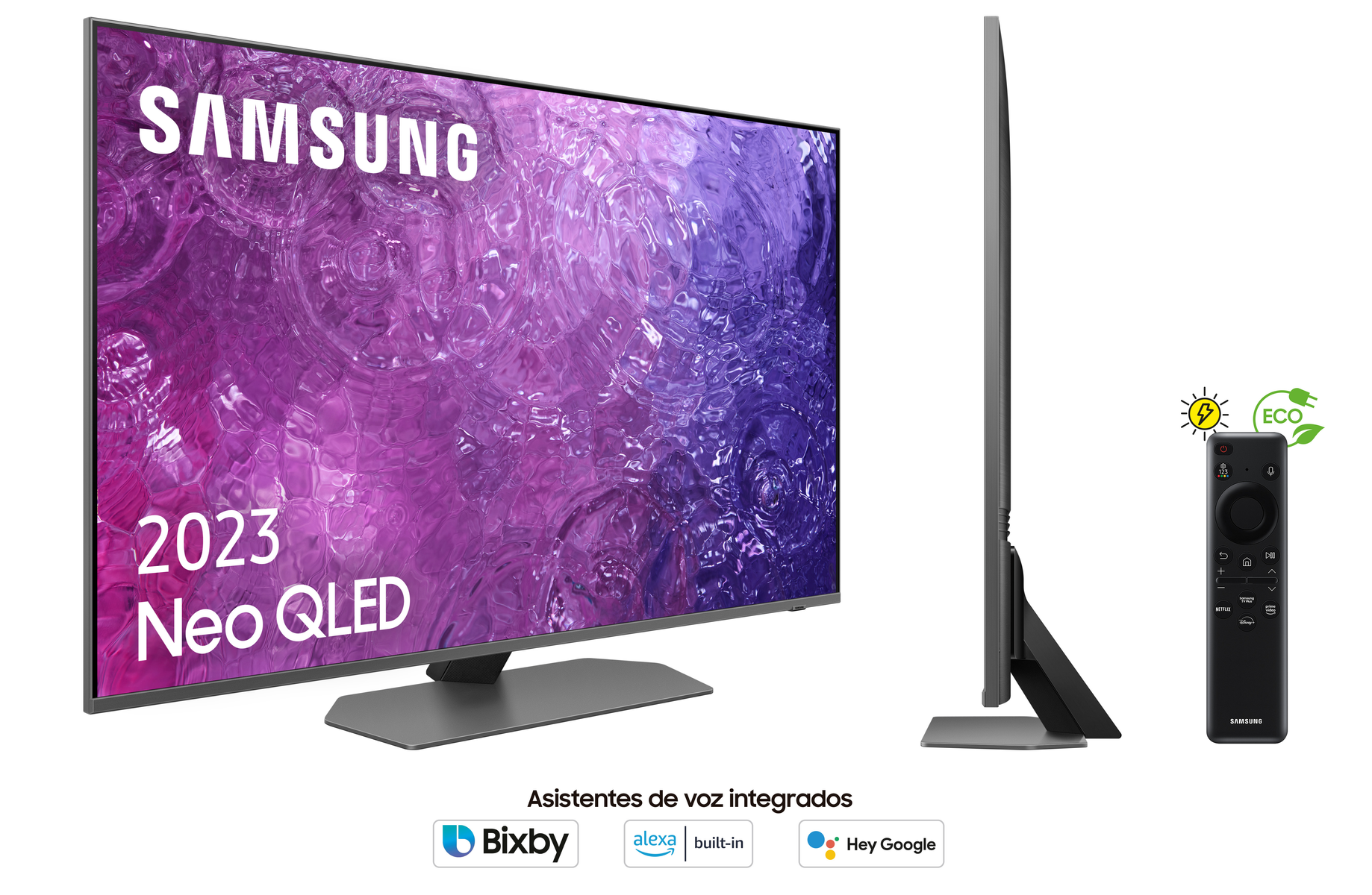 Samsung Neo QLED TV fekete kerettel, távirányítóval és hangsegéd ikonokkal.