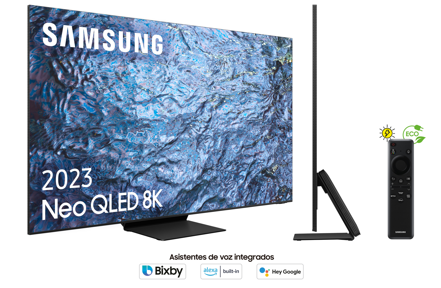 Un gran televisor Samsung 8K negro con un mando a distancia e iconos de asistentes de voz.