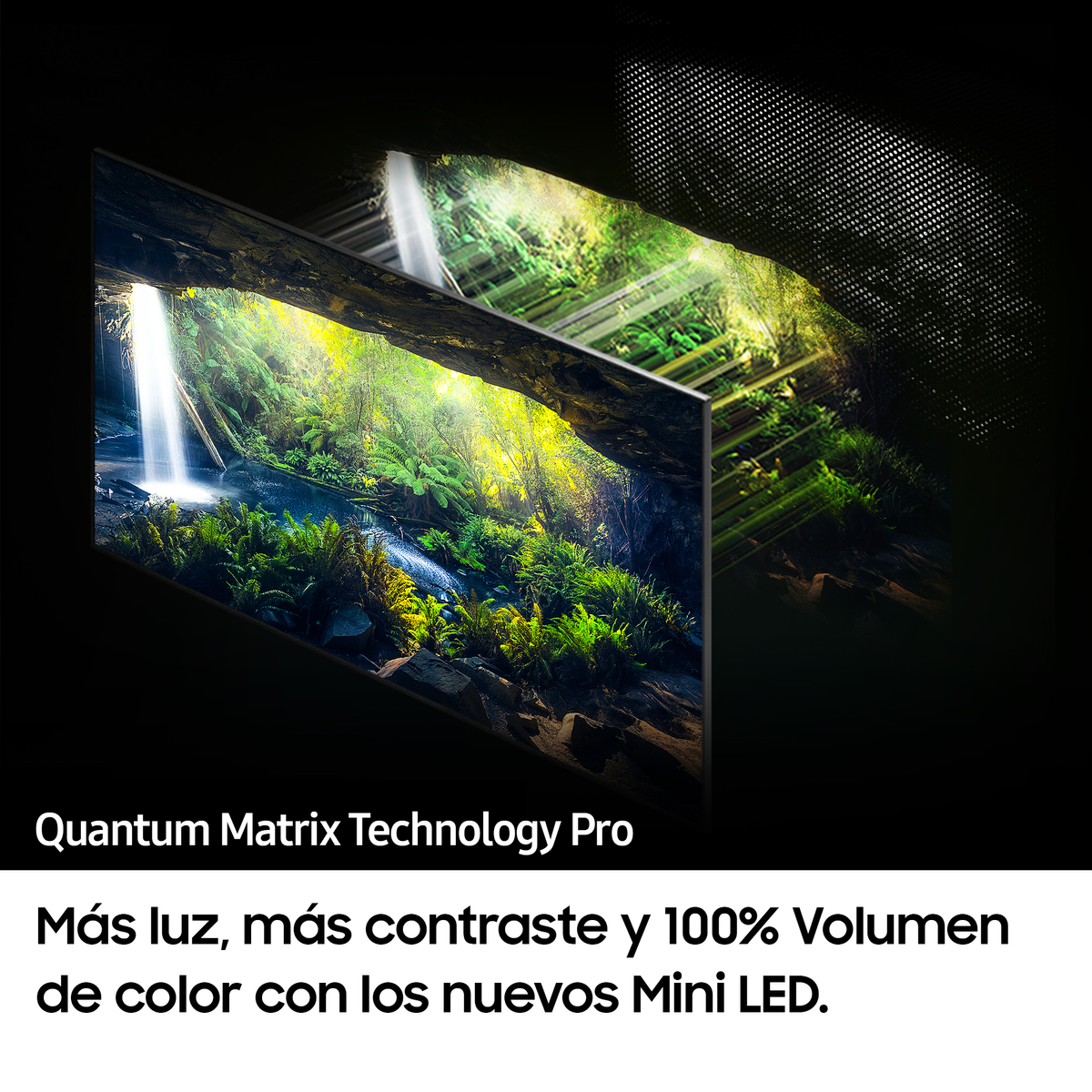 Pantalla de TV con escena de cascada; texto: Quantum Matrix Technology Pro.
