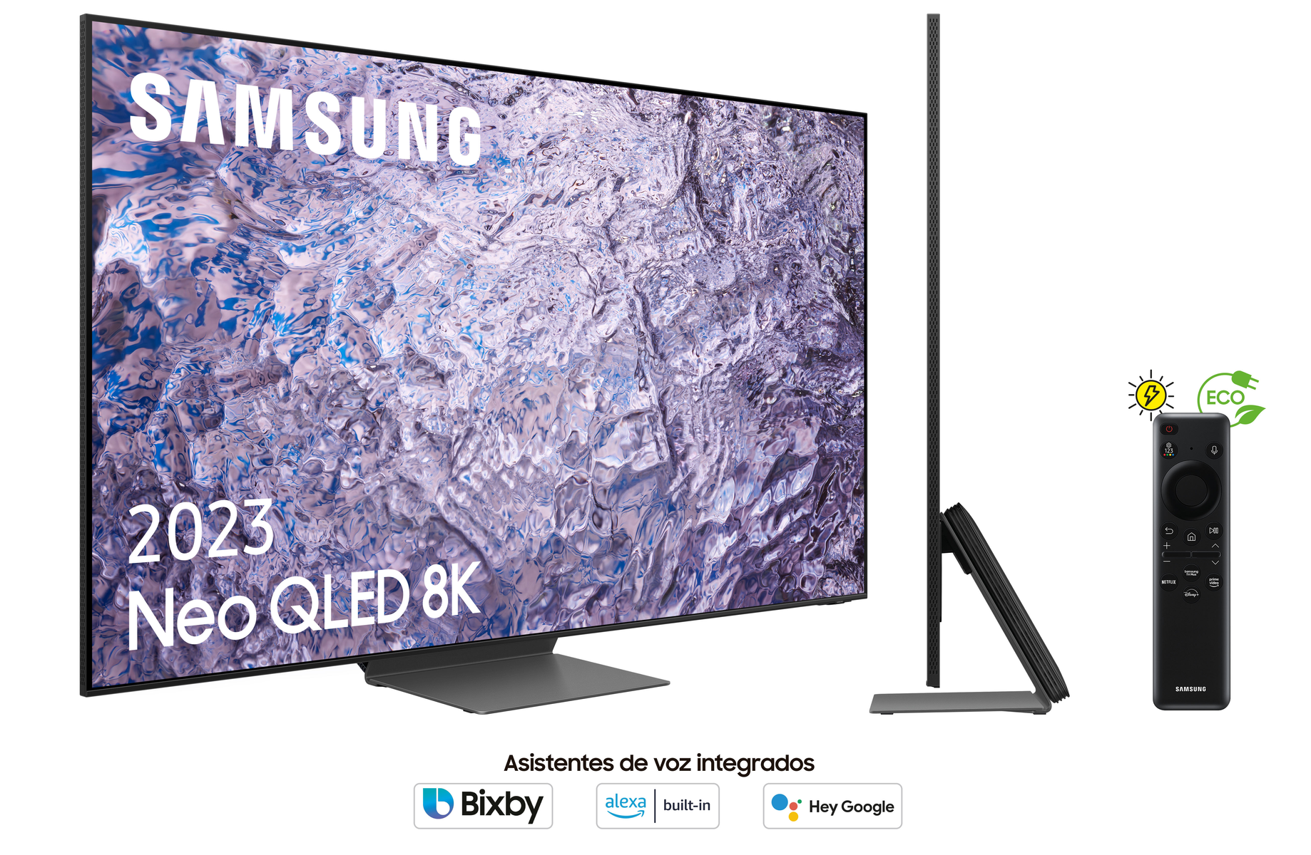 Un televisor grande Samsung Neo QLED 8K con mando. El televisor tiene un soporte metálico. El mando tiene un botón eco.